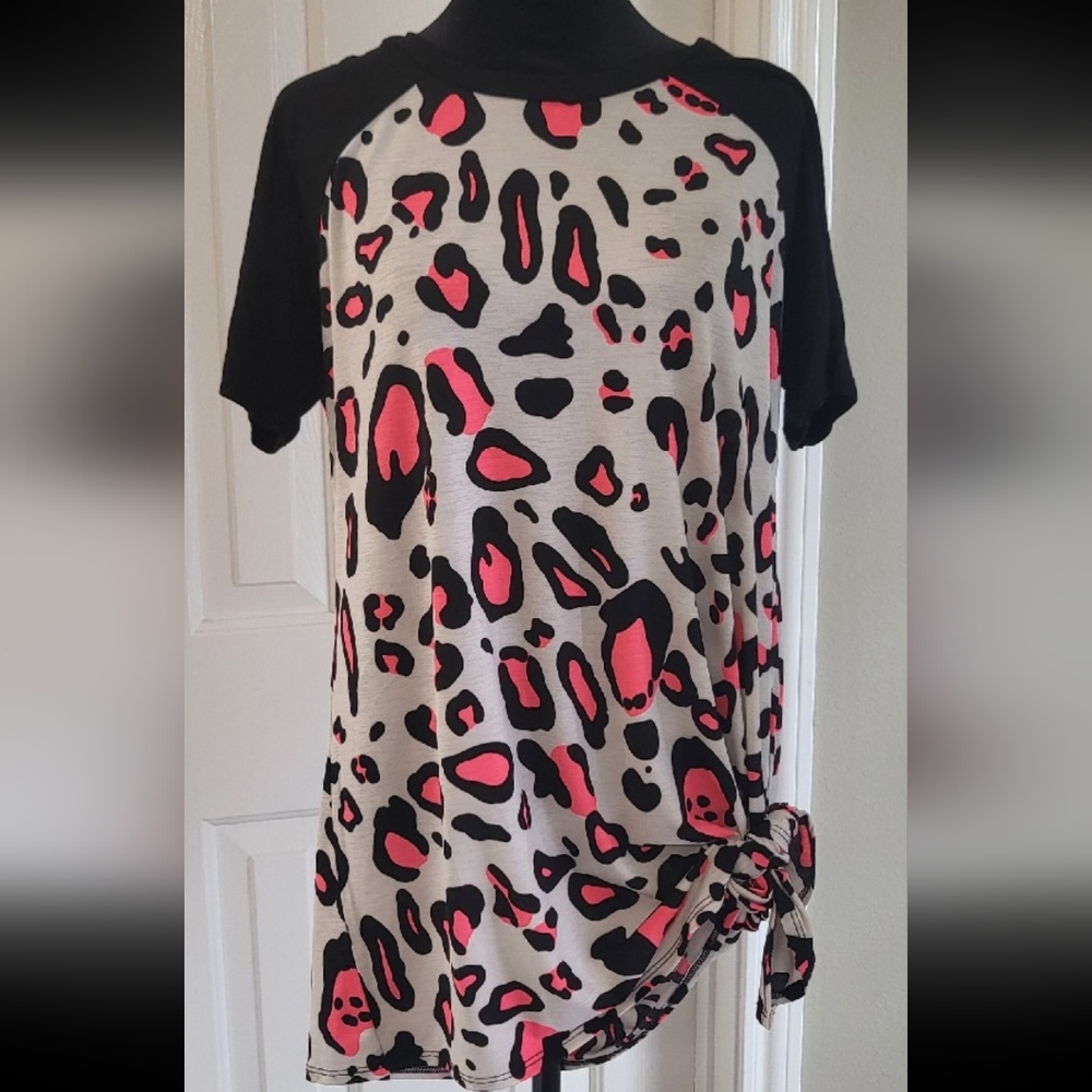 Pink Leopard Blouse with Side Tie Size L